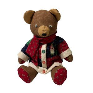 Handcrafted Vtg Christmas Teddy Bear 18" Multicolored Sweater Scarf Stuffed Tree